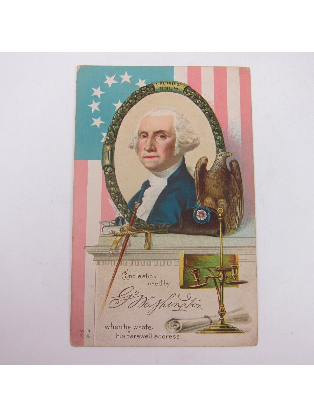 Postcard George Washington Portrait Candlestick Farewell Flag Patriotic Antique